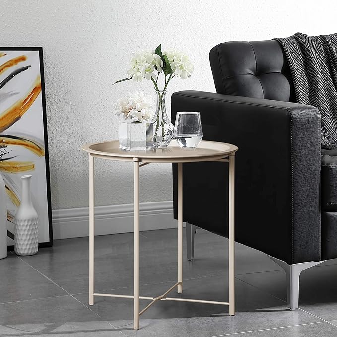 VECELO Side/End Table, Folding Round Metal Anti-Rust and Waterproof Outdoor or Indoor Tray for Living Room Bedroom Balcony and Office, 2 PCS, Grey