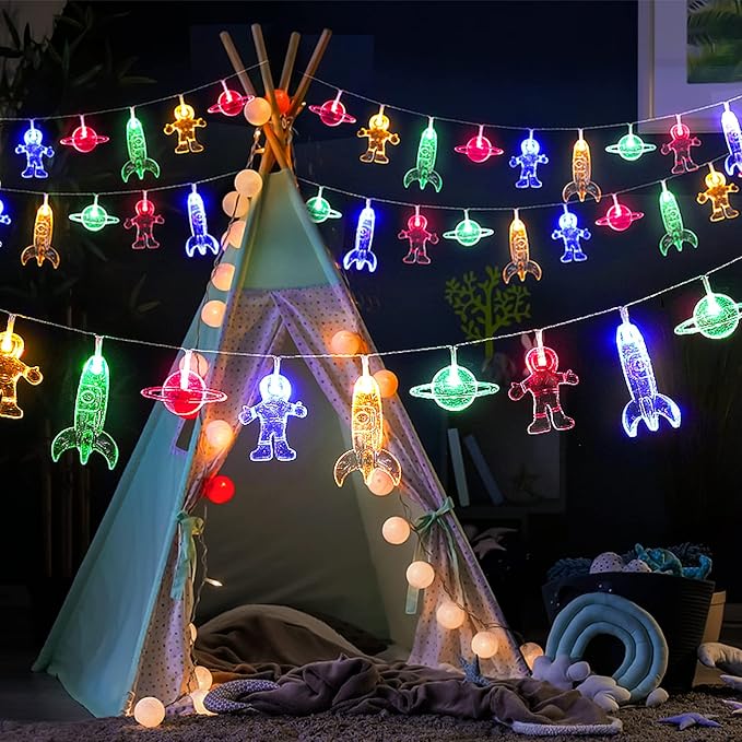 20 LED Children's Room LED String Light Astronaut Spaceship Rocket Pendants Holiday Party Lights Wall Window Nursery or Kids room Decor Wedding Around the Garden Party Patio Christmas (multicolour)