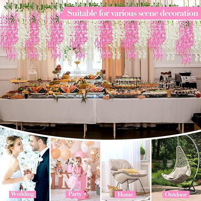 Giegxin 24 Pcs Artificial Wisteria Hanging Flowers 3.6 ft Artificial Fake Wisteria Vine Rattan Hanging Garland Silk Flowers String for Wall Home Wedding Party Greenery Decorations (Dark Pink,White)
