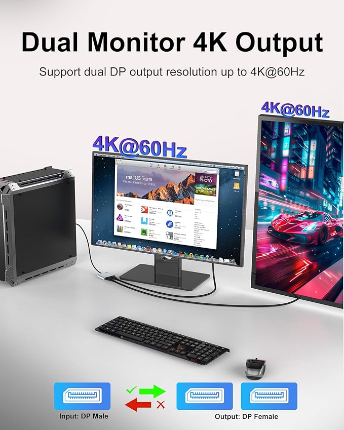 DisplayPort to Dual DisplayPort Splitter Adapter, 4K@60Hz Display Port Splitter Extended Display for Dual Monitors, DP1.4 Splitter 1 in 2 Out, DisplayPort MST Hub for PC, NVIDIA, AMD Graphic Card