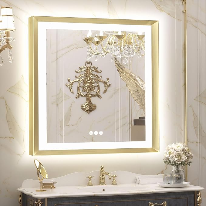 TETOTE 36x36 LED Mirror for Bathroom Gold Metal Frame Frontlit & Backlit Lighted Vanity Mirror Baroque Anti Fog Stepless Dimmable White/Warm/Natural,CRI90+,Waterproof,Wall Mounted(Horizontal/Vertical)