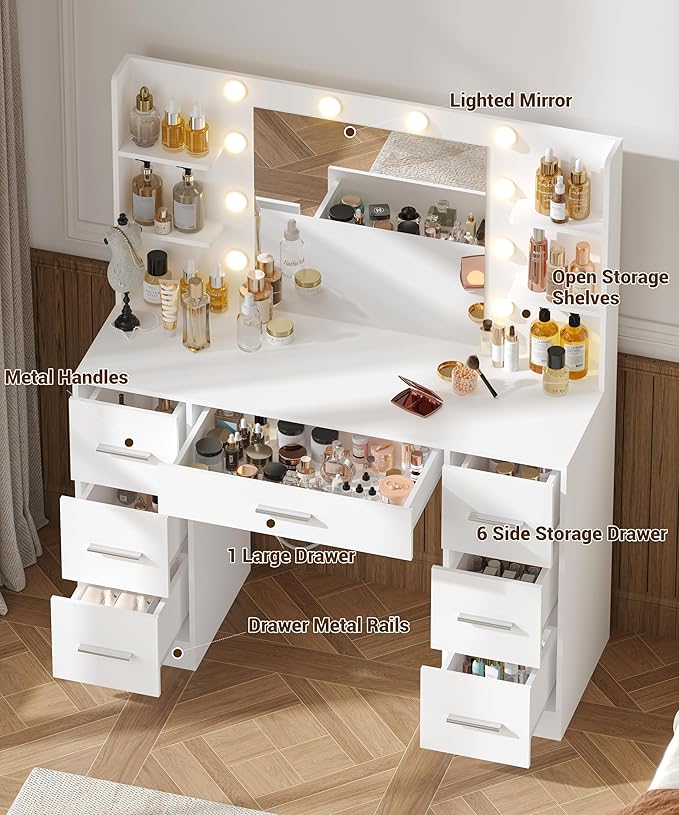 Irontar Makeup Vanity Desk with Mirror, 43.3" L Vanity Table with 10 LED Lights & 7 Metal Sliding Drawers, Brightness Adjustable & Open Shelves, for Women, Wife, White