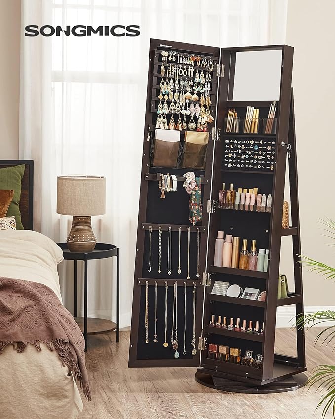 SONGMICS 360° Swivel Jewelry Cabinet, Lockable Jewelry Organizer with Full-Length Mirror, Rear Storage Shelves, Interior Mirror, Jewelry Armoire, Christmas Gifts for Women, Gift Idea, Brown UJJC006R01