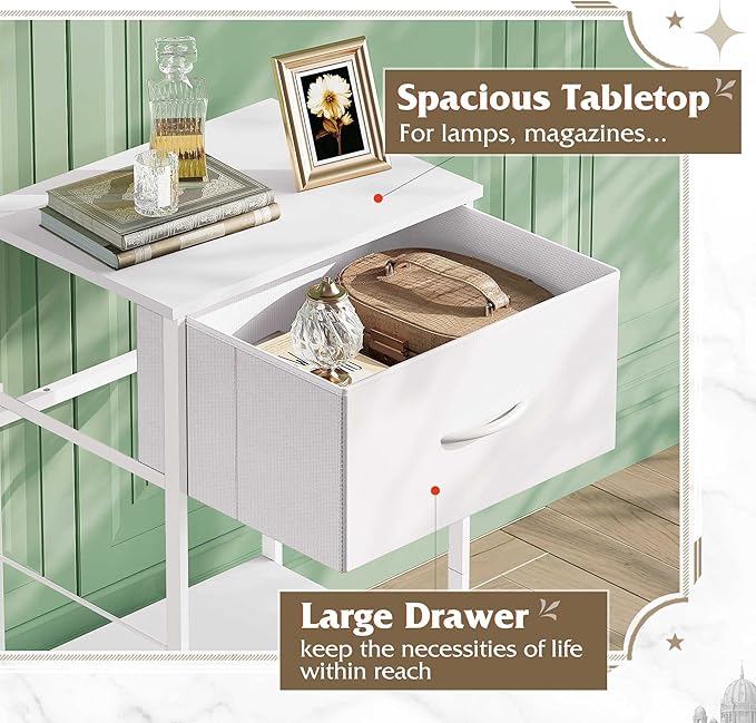 WLIVE Night Stand Set 2, White Nightstand with Fabric Storage Drawer and Open Wood Shelf, End Tables Dresser for Bedroom, Bed Side Table, Dorm, 25.03" Height