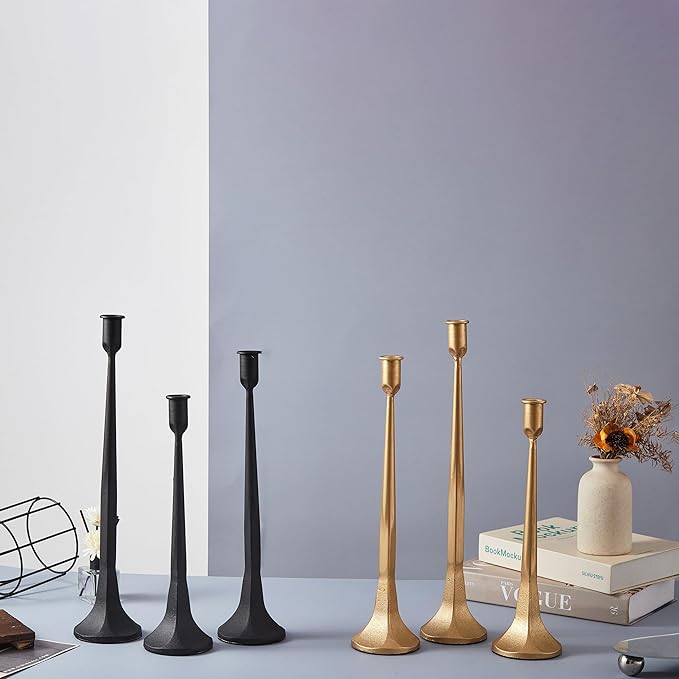Denique Iron Taper Candle Holder Set of 3, Black Candlestick Holders Decorative Candle Stand, Tapered Candle Holders Tall Set for Wedding, Dining Table, Home Decoration (Black)