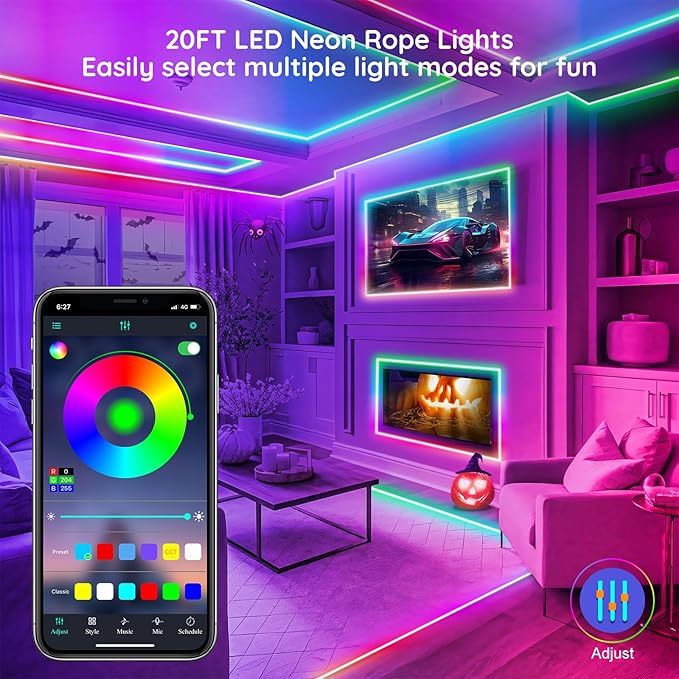 FBZ 20Ft Led Rope Lights, Flexible Neon Lights Control with App/Remote, Multiple Modes, IP65 Outdoor RGB Waterproof, Music Sync Gaming Light Strip for Bedroom Decor