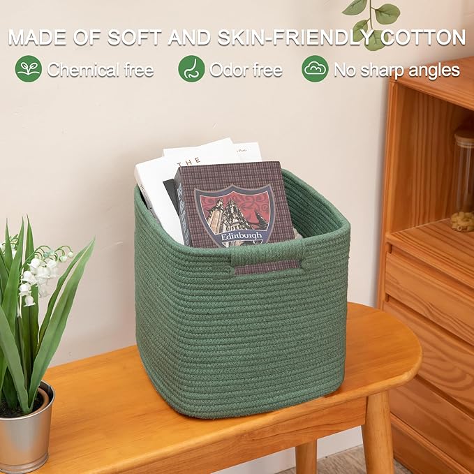 OIAHOMY Storage Cubes 11 Inch Storage Bins-3 Pack, Cotton Rope Woven Baskets for Organizing, Square Baskets for Shelves Organizer, Classroom, Toy Basket, Green