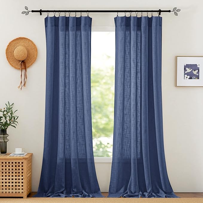 RYB HOME Sheer Curtains for Bedroom - Linen Textured Semi Sheer Curtains for Living Room Boys Nursery Patio Sliding Glass Door Sunlight Filtering, Wide 52 inch x Long 90 inch per Panel, 1 Pair