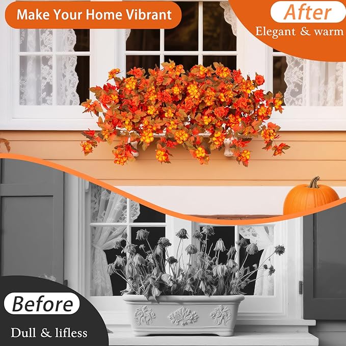 Homsunny Fall Flowers for Outdoors, 2 PCS Fake Fall Flowers UV Resistant Fake Autumn Artificial Flowers for Porch Patio Window Box Planter Home Decor (Sunset Red and Orange)
