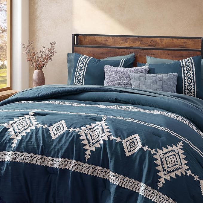 MaiRêve Embroidery Full Size Comforter Set Navy Blue, Farmhouse Western Boho Bedding Set 7 Pieces, All Season Bed in A Bag Comforter Set with Sheets, Pillowcases & Shams