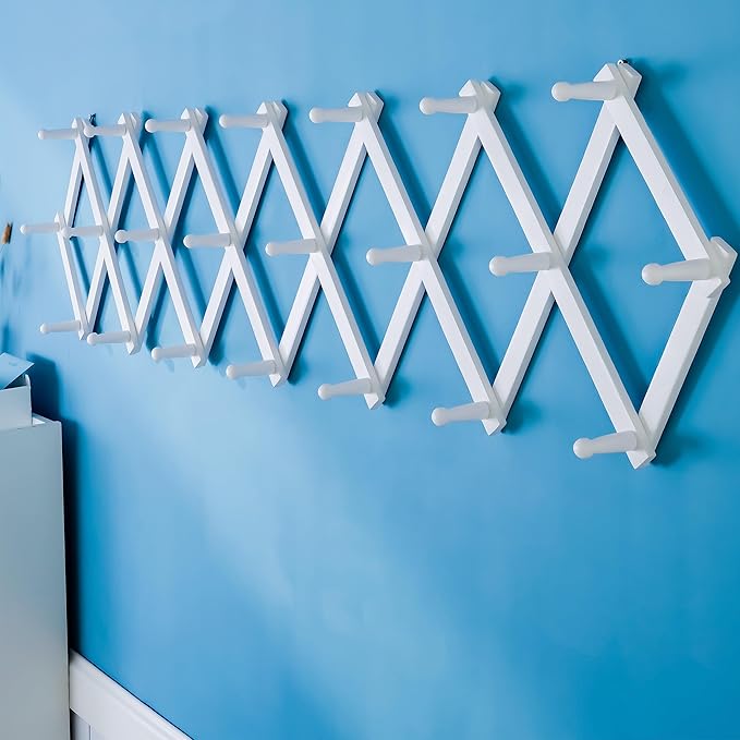 SKOLOO Accordion Wall Hanger with 22 Hooks, Modern Expandable Coat Rack Hat Rack for Wall, Solid Wooden, White