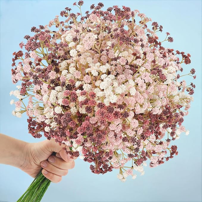 Baby Breath Fall Flowers Artificial Bulk, 15Pcs Fall Decor Fake Gypsophila Plants Bouquets Flowers Real Touch Faux Babies Breath Arrangement for Home Autumn Wedding Party Vase Decoration Pink