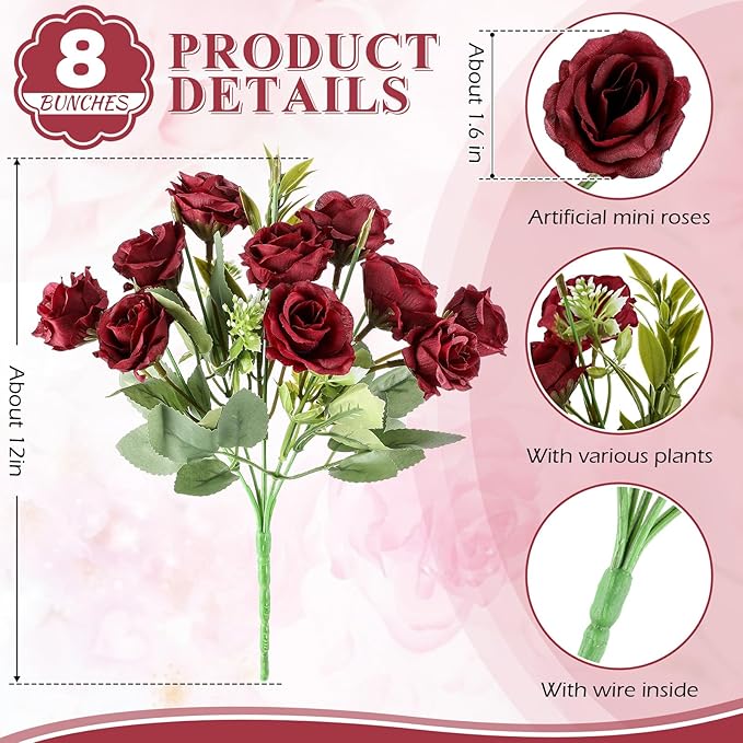 Zeyune 8 Pack 12 Inch Wedding Bouquets for Bride Bridesmaid Burgundy Artificial Rose Bouquet Fake Silk Roses Flowers Bunches Bulk for Home Office Garden Parties Decoration