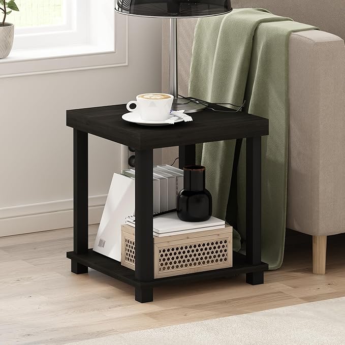 Furinno Turn-N-Tube Side Table, 2-Tier Thick Tabletop End Table with Open Shelf, Toolless Assembly Night Stand, Bedside Table, for Living Room, Bedroom, Espresso