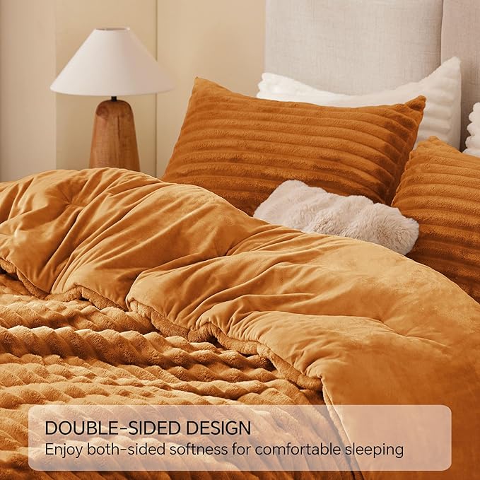 BEDELITE Fleece Twin Comforter Set -Super Soft & Warm Fluffy Rust Orange Bedding, Luxury Fuzzy Heavy Bed Set for Winter with 1 Pillow case