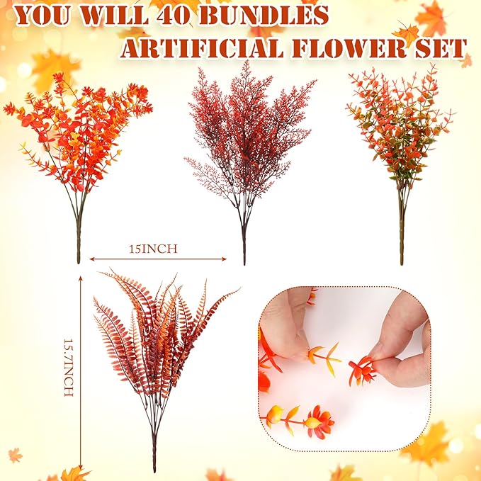 Crowye 40 Bundles Artificial Fall Flowers for Outdoor Decoration UV Resistant Faux Mums Plastic Plants for Garden Cemetery Porch Window Fireplace Patio Home Indoor Autumn Thanksgiving Fall Decor