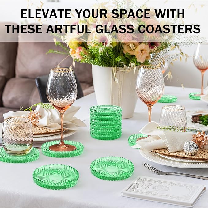 Glass Candle Holders, GOH DODD Set of 8 Crystal Pillar Plates Modern Coasters for Drinks, Centerpiece, Home Decor, Kitchen, Living Room, Patio, Wedding, Halloween, Christmas, Party, Clear Green