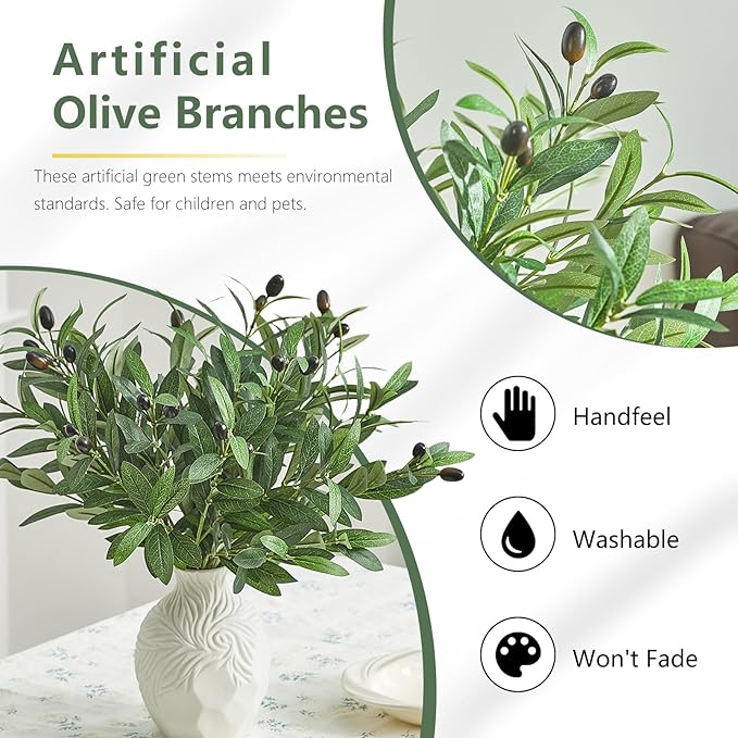 10 PCS 18 Inch Olive Tree Branches Greenery Stems Artificial Plants Faux Olive Branch for Vase Realistic Green Stem Home Decor Indoor