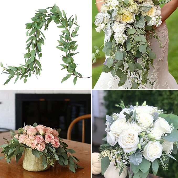 DearHouse 5.5ft Seeded Eucalyptus Garland, Artificial Vines Faux Eucalyptus Leaves Table Garland Artificial Greenery Wedding Backdrop Arch Wall Decor