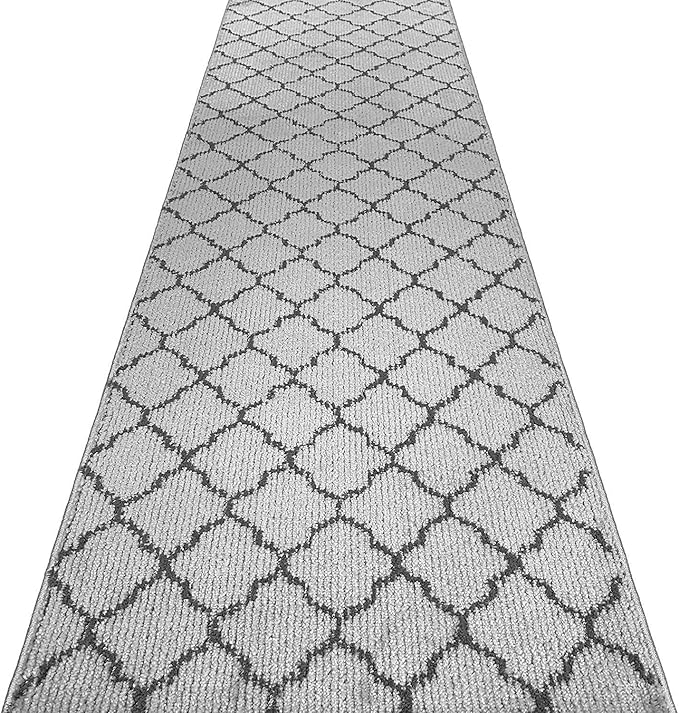 Custom Size Modern Runner Rug Carpet for Hallway Entryway Foyer Kitchen, Slip Resistant Latex Rubber Backed 31 inch Wide X Customized Length, Trellis Grey, 31 inch X 25 feet