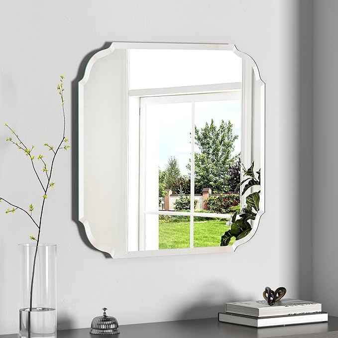 Silver Wall Mirror-Beveled Edge Frameless Mirror for Bathroom, Vanity, Bedroom, Rectangle Mirrors（24X24inch）