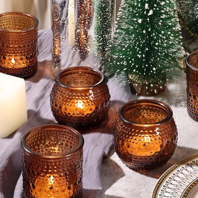 16 Pcs Assorted Amber Candle Holders- Amber Tealight Candle Holder for Fall Wedding Decor, Votive Candle Holders for Fall Home Decorations, Vintage Table Decor