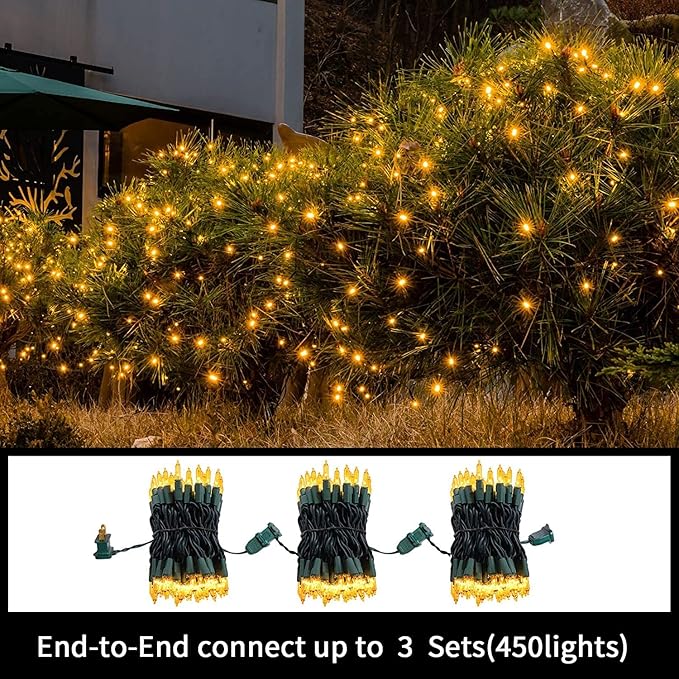 LAMPHOME Super-Bright Extendable Yellow Christmas Lights Decoration 300 Lights 63.8ft(2pk of 150L) UL Certified Mini Bulb String Lights Set for Outdoor Christmas Tree Garden Holiday Party Patio Decor