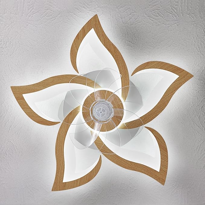 24" Wooden Geometric Ceiling Fan with Lights Remote Control, 3 Light Color 6 Speeds Low Profile Flush Mount Ceiling Fan for Kitchen Bedroom Living Room