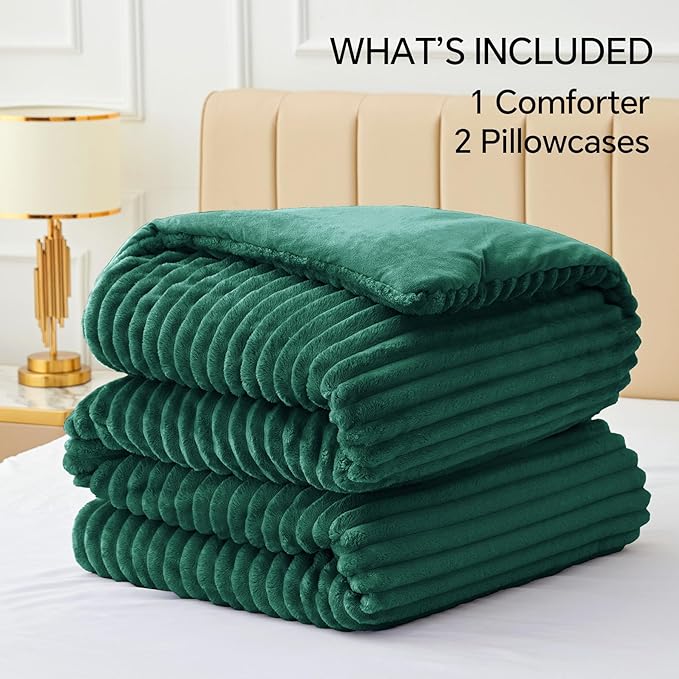 BEDELITE Fleece King Comforter Set -Super Soft & Warm Fluffy Dark Green Bedding, Luxury Fuzzy Heavy Bed Set for Winter with 2 Pillow Cases