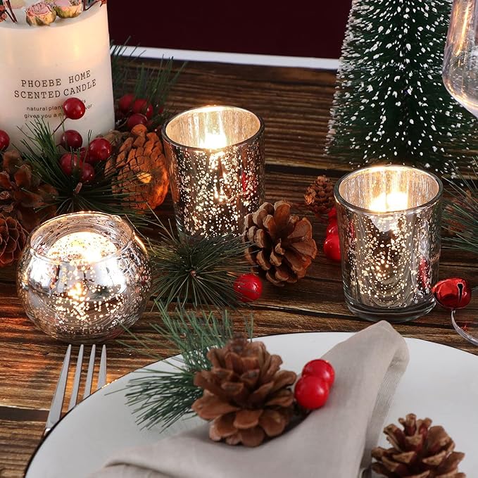 DEVI Silver Votive Tealight Candle Holders 24PCS, Mercury Glass Candle Holders for Table Centerpieces, Tea Party Wedding Table Decor