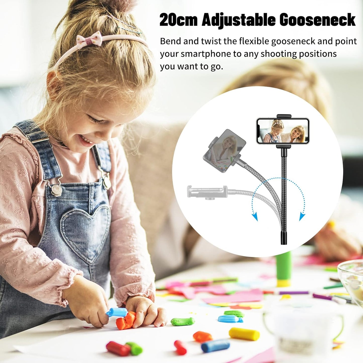 Phone Tripod Mount Adapter with Adjustable Gooseneck and Remote, Flexible Arm Universal Cell Phone Holder for Recording