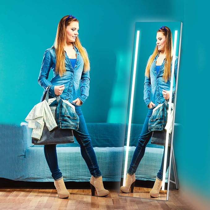 Full Length LED Lighted Free Standing Floor Mirror with ON/OFF Touch Button for Makeup, Dressing in Bedroom & Living Room 19"x59" by Fab Glass and Mirror