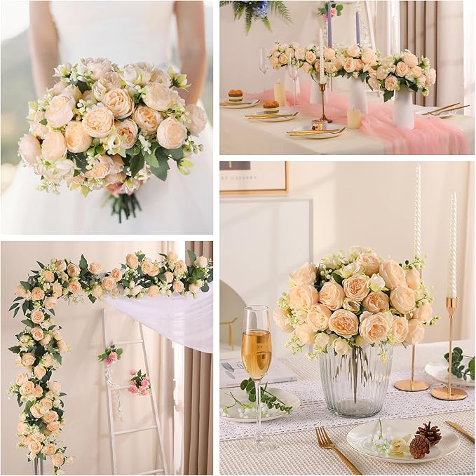 Luyue 8 Packs Peonies Artificial Flowers Vintage Faux Peony Bouquet Fake Flower for Vase Silk Floral Arrangements for Table Centerpiece Wedding Decoration Indoor Home Decor