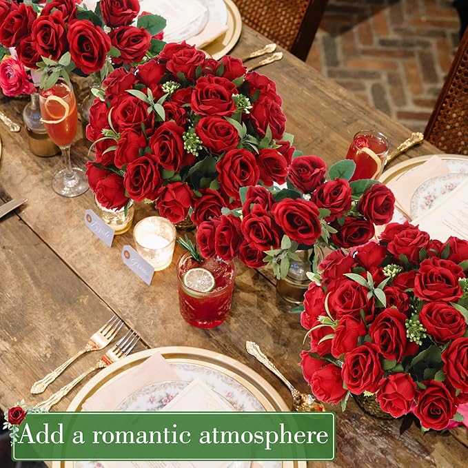 Zeyune 16 Bunches 12 Inch Artificial Mini Rose Bouquet 160 Heads Bridal Flower Bouquets Fake Silk Rose Bulk for Wedding Bridal Shower Christmas Home Office Garden Decoration(Red)