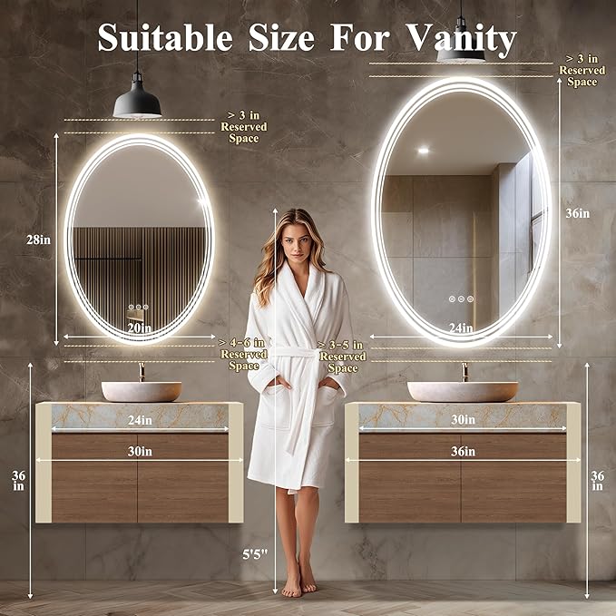 24''x36'' Oval Lighted Mirrors for Bathroom Wall Backlit + Front Lit, Oval LED Bathroom Mirror Frameless with Lights Anti Fog, Dimmable, 3 Colors,Tempered Glass, Shatter-Proof