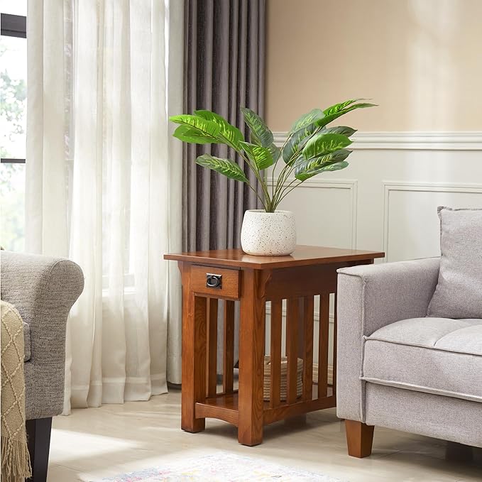 Leick Home Mission Impeccable End Table, Solid Wood Side Table with Drawer & Shelf, Slatted Sides, Blackened Hardware, Easy Assembly, Medium Oak Finish, 17 in L x 25 in W x 23 in H, 8206