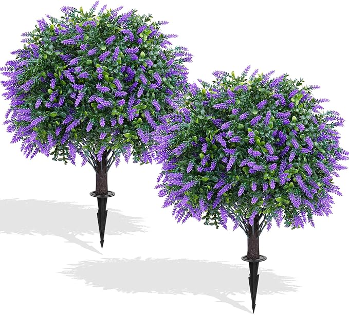 Artificial Lavender Topiary Ball Trees,2 Set of 16'' UV Resistant Fake Evergreen Shrubs Bushes Plants with Ground Spike, Fake Plants for Outdoor Indoor Front Porch Garden