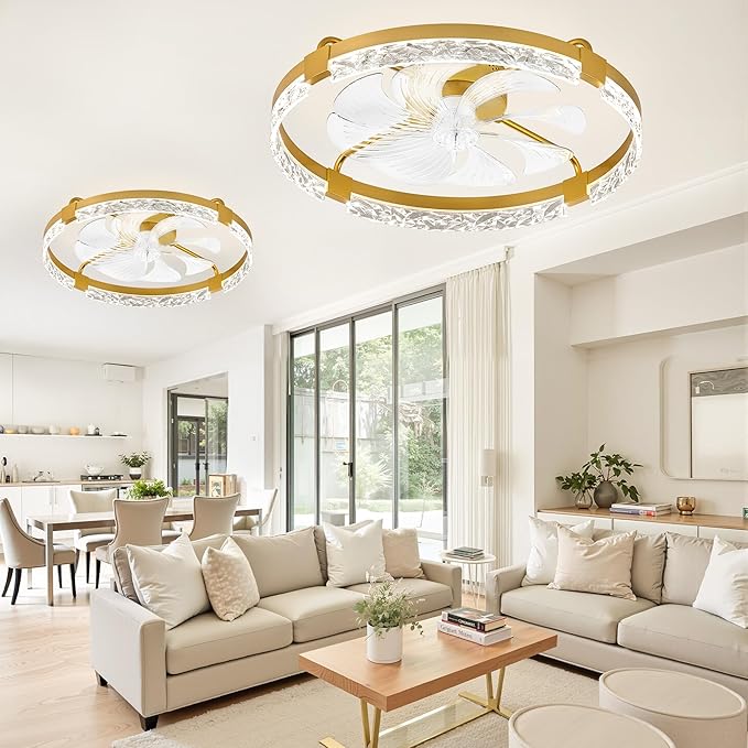 LEDIARY 2 Pack 24 Inch Modern Ceiling Fans with Lights and Remote, Dimmable Flush Mount Ceiling Fan, Gold Low Profile Ceiling Fan with 3 CCT and 6 Speeds