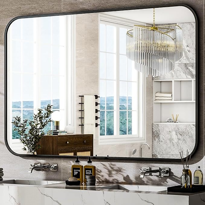 HARRITPURE Rectangular Bathroom Mirror 40''x30'' Black Bathroom Wall Mirror Aluminum Frame Wall-Mounted Mirrors for Entryway Bedroom Living Room