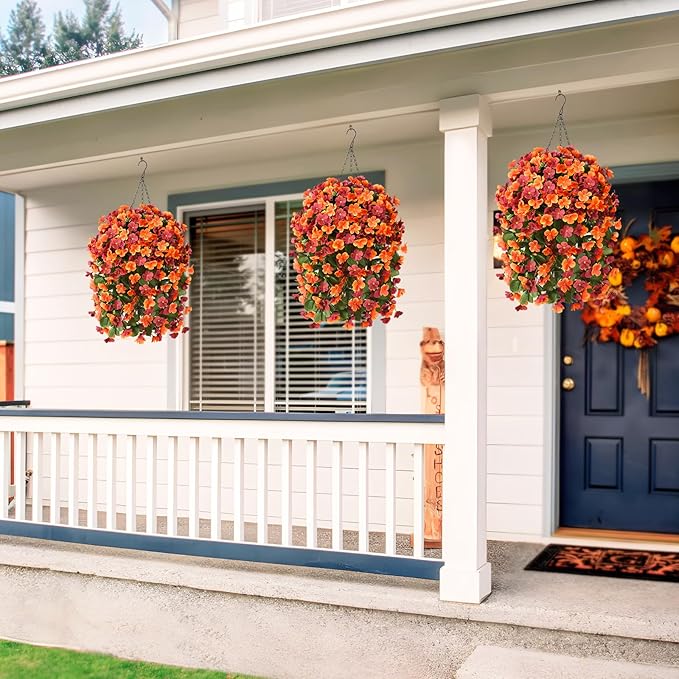 Artificial Fake Hanging Plants Flowers Basket for Fall Autumn Outdoor Decoration,Faux Silk Begonia in Planter UV Resistant Realistic for Outside Home Porch Patio Balcony Yard Decor