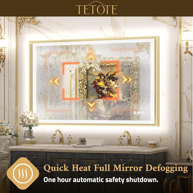 TETOTE 48x40 LED Bathroom Mirror with Lights Gold Metal Framed Front & Back Light Vanity Mirror Baroque Antifog Stepless Dimmable White/Warm/Natural,CRI90+,Waterproof,Wall Mounted(Horizontal/Vertical)