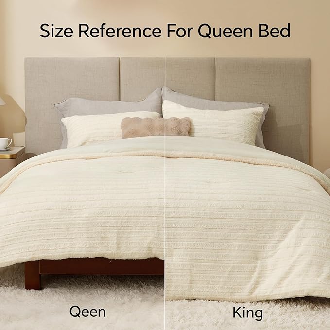 BEDELITE Fleece Queen Comforter Set -Super Soft & Warm Fluffy Cream White Faux Fur Bedding, Luxury Fuzzy Heavy Bed Set for Winter with 2 Pillow Cases