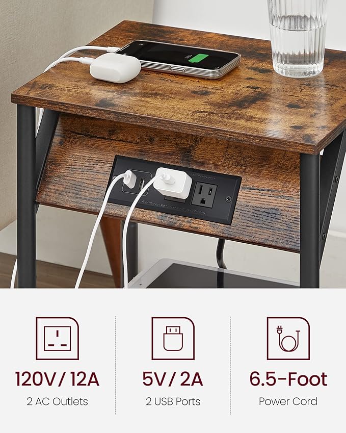 VASAGLE End Table with Charging Station, Small Side Table for Living Room, Bedroom, Nightstand with Outlets and USB Ports, Bedside Table with Storage Shelf, Rustic Brown and Black