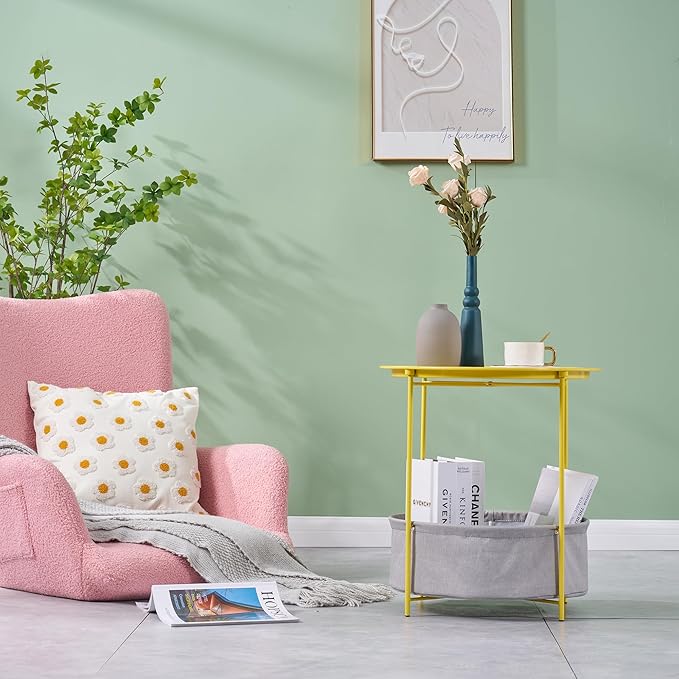 VECELO Round Side/End Table with Fabric Storage Basket，Metal Anti-Rust and Waterproof Small Bedside Nightstand with Removable Tray Top for Living Room，Balcony & Laundry，Yellow /2pcs with Basket