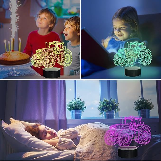 Attivolife Tractor 3D Illusion Night Lamp, 16 Color Changing Dimmable Hologram Lighting, Timer Toy USB Charge Table Desk Bedroom Decoration Creative Gift for Kid Boy with Remote Control