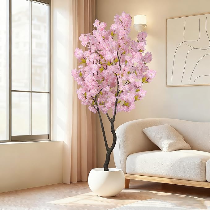Artificial Pink Cherry Blossom Tree 6.5ft(78in) Faux Japanese Sakura Indoor Decor Handmade Natural Fake Cherry Flowers Tree for Home Realistic Pink Plant in Pot for Living Room,Office,Outdoor Decor