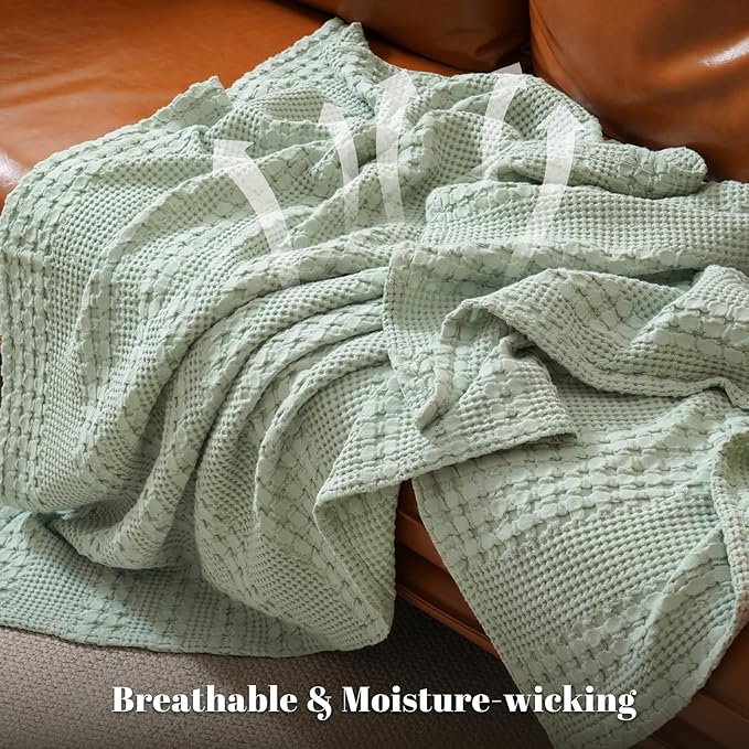 PHF 100% Cotton Waffle Weave Blanket King Size for Bed, Soft Lightweight & Breathable, All-Season Comfort, Luxury Aesthetic Woven Bedding for Home Decor, 108"x90", Mint Green