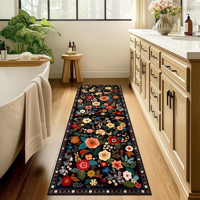 Floral 2x10 Area Rug Machine Washable Soft Print Boho Carpet Non Slip Doormat Low Pile Flower Area Rugs for Living Room Bedroom Nursery Kitchen Dining Room Indoor-Black