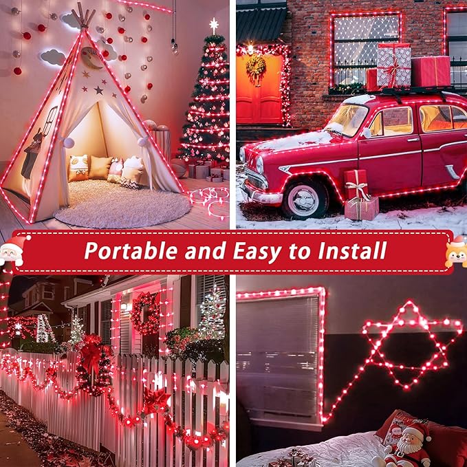 JMEXSUSS 2 Pack Red Christmas Lights Battery Operated Rope Lights Outdoor Waterproof Total 200LED 8 Modes Battery Powered String Lights with Remote for Patio Tree Garden Christmas Decor