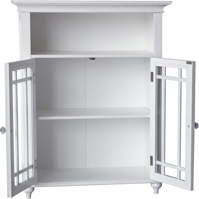 Teamson Home Neal Wooden Freestanding Floor Cabinet with 1 Adjustable Shelf 3 Storage Spaces 2 Glass Doors and 2 Clear Knobs, White